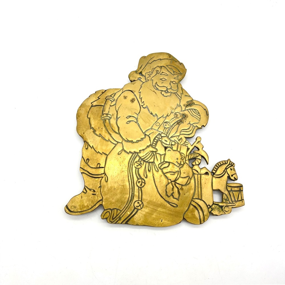 Vintage Solid Brass‎ Santa Claus Trivet Wall Plaque Etched Father Christmas 8.5"
